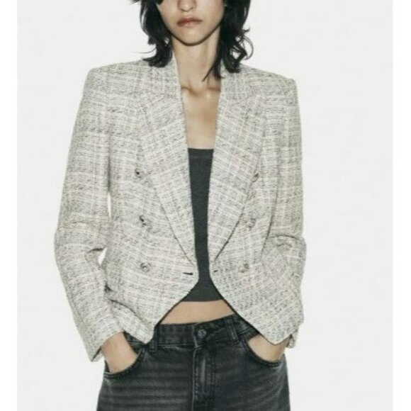 Zara Gray Tweed Double Breasted Blazer Womens XS Work Career Office Jacket - Picture 1 of 10